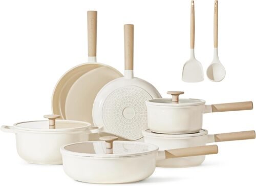 CAROTE Nonstick Pots and Pans Set, 12-Piece Ceramic Cookware Set – Milky White