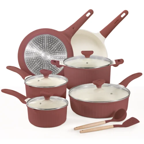 CAROTE 12pcs Pots and Pans Set Non Stick, Nonstick Kitchen Cookware Sets, Granite Pots Set, Kitchen Induction Pots and Pans Cooking Sets, Dark Red