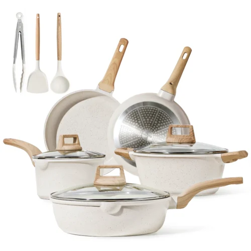 CAROTE 11-Piece Nonstick Cookware Set, Non Stick Cooking Set - White Granite
